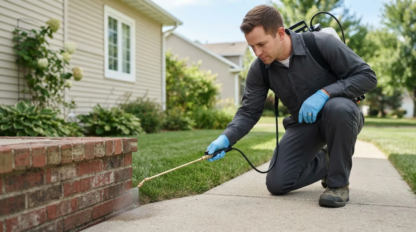 Pest control technician treating a home near Warsaw, NY