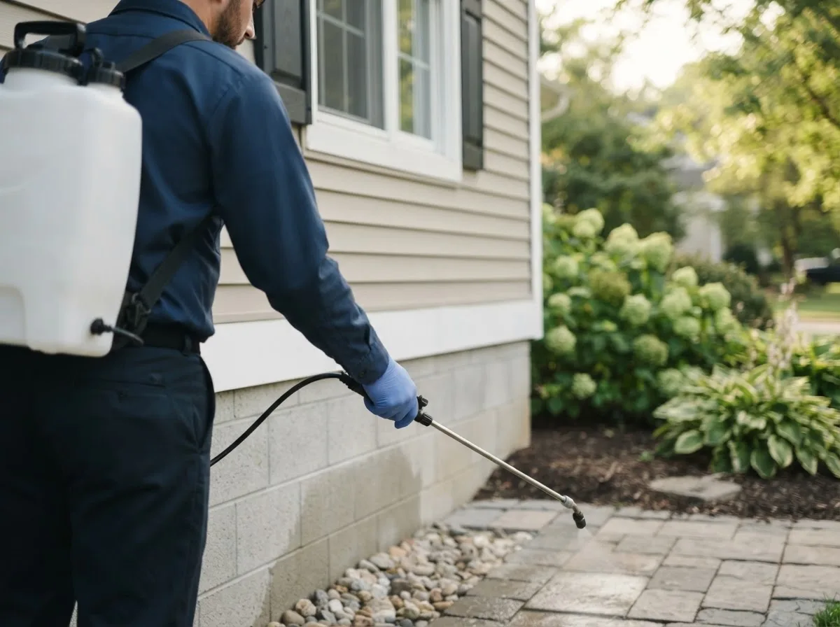 Pest control technician inspecting a home in Warsaw, NY